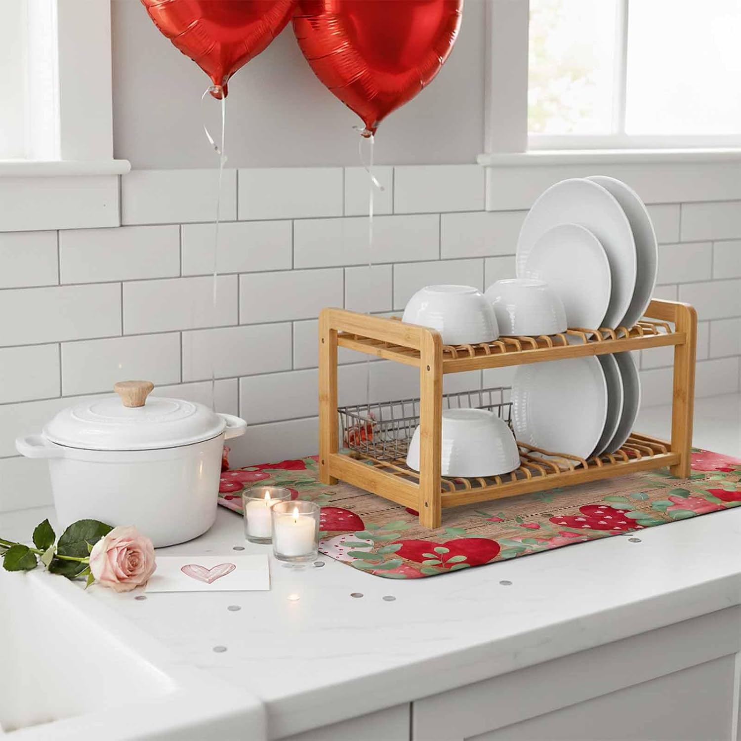 Valentine's Day Dish Drying Mat 2 Pack, Watercolor Red Pink Dots Love Heart Leaves Brown Wood Grain Absorbent Heat Insulating Kitchen Drying Pad Drainer Mats for Sink Counter Pot Dishes 18 X 24 Inch