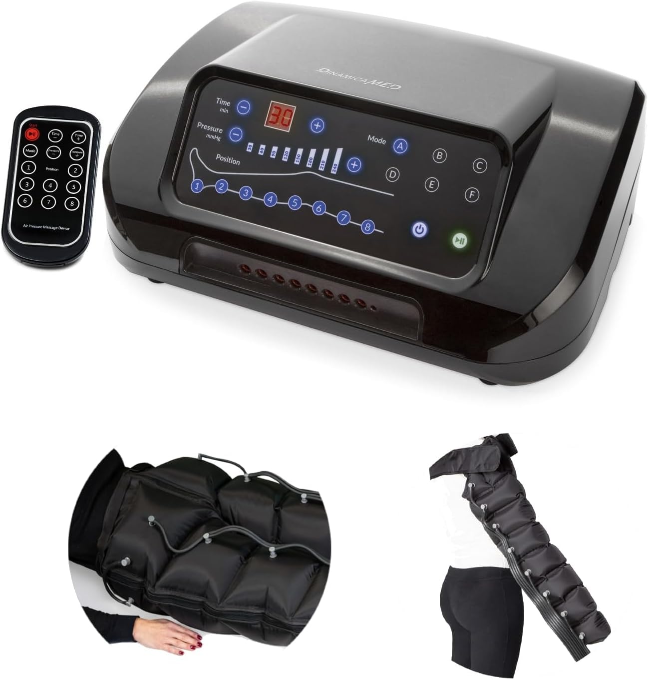 Dinamicamed ® PRO 8.0 Pressoterapia Linfodrenaggio Professionale Digitale Classic, Pressoterapia per Casa con 6 Programmi di Lavoro, Massaggio Linfodrenante a 8 Camere con Pantalone lungo e Bracciale