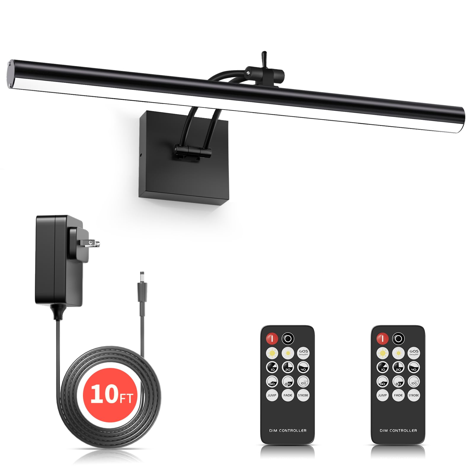 JNGMAIR 12W Picture Light, 14" Metal 3000K Warm Light Dimmable LED Art Light for Wall with Swing Arm & 2 Remote Control, CRI95 980LM Plug in Gallery Light for Photo, Painting, Display, Library(Black)