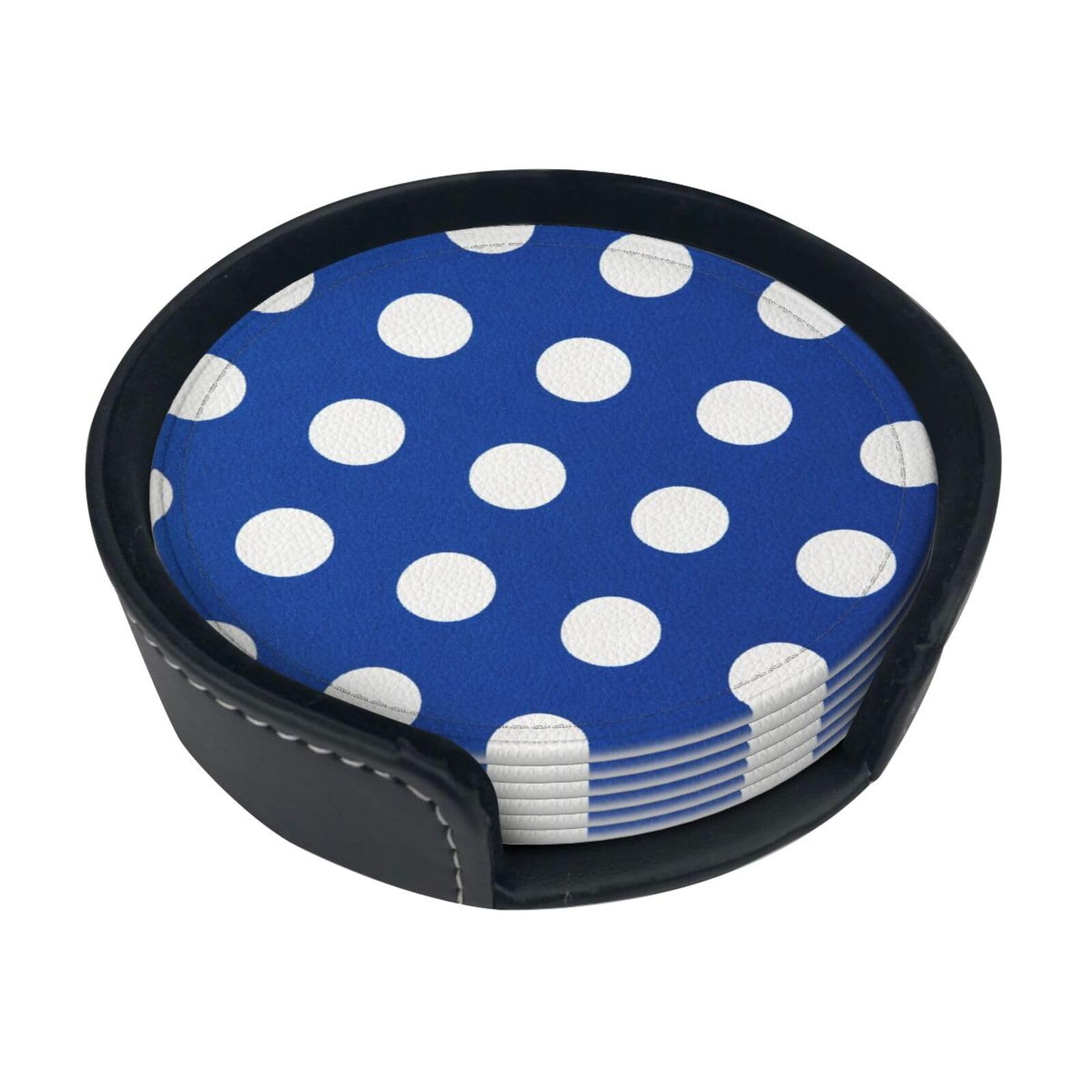 Cntdbu White Navy Dot Leather Coasters Set Of 6-Pu Leather Drink Mats For Table, Heat Resistant Round Coasters With Holder