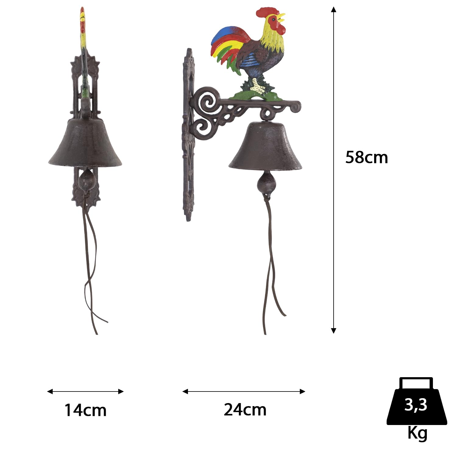 Moritz - Campana de pared (hierro fundido, 38,5 cm de altura, estilo antiguo, color marrón