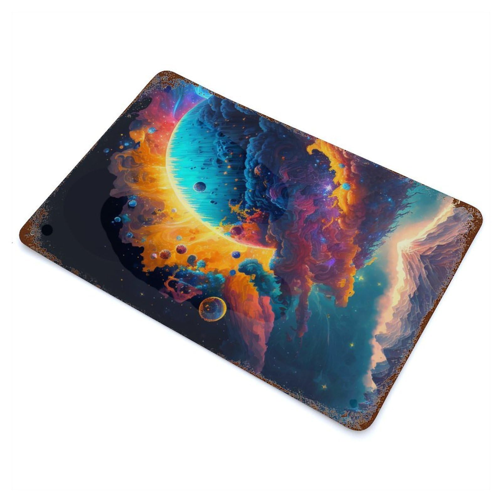 Neon Space Planets Aged Metal Wall Plaque 11.8"x7.9", for Living Room, Hallway And Home Decor, Shabby Chic Decor