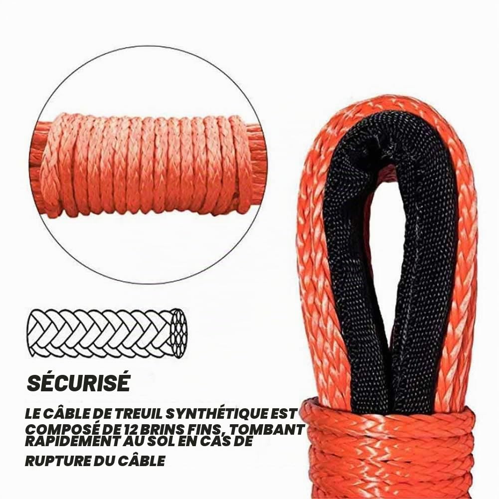 Faderr Corde de treuil synthétique de 6 mm x 15 m avec gaine pour ATV, UTV, SUV, camion, bateau - Rouge, Bleu, Gris - Polyéthylène à poids moléculaire ultra élevé - 3492,7 kg