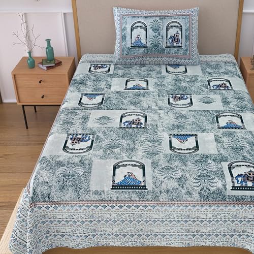 Image of 100% Cotton Single Bedsheet with 1 Pillow Cover | 240 TC Pure Cotton Flat Bed Sheet | Traditional Jaipuri Printed Bedding Set | Soft & Breathable | 60 x 90 Inch (Rangmahal Single 59)