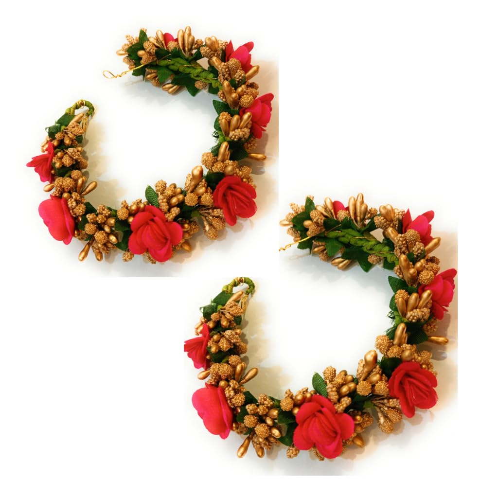Pink Golden embellished Floral Gajra Traditional Women Plastic Rani colour Hair Accessory Bridal pink Gajra Juda for Bridal/Fancy dress Hair styles Pink Flower Gajra-image-4