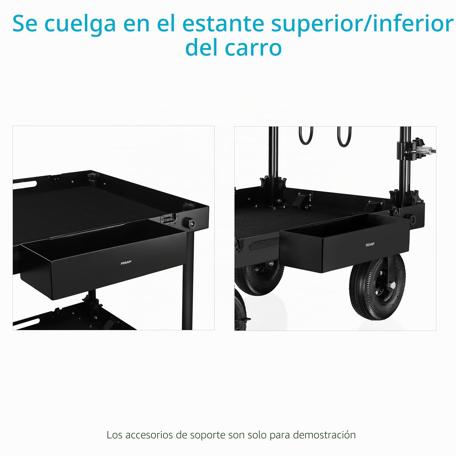 PROAIM Bandeja Porta Accesorios para Carrito de Cámara de Aluminio | Se fija a bordes de 3 mm para organizar baterías, herramientas, tarjetas y accesorios de producción