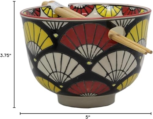 Miniatura 7 de Ebros Gift Abanicos orientales coloridos Ramen Udong - Tazón de 5 pulgadas de diámetro con soporte de palillos integrado y juego de palillos de