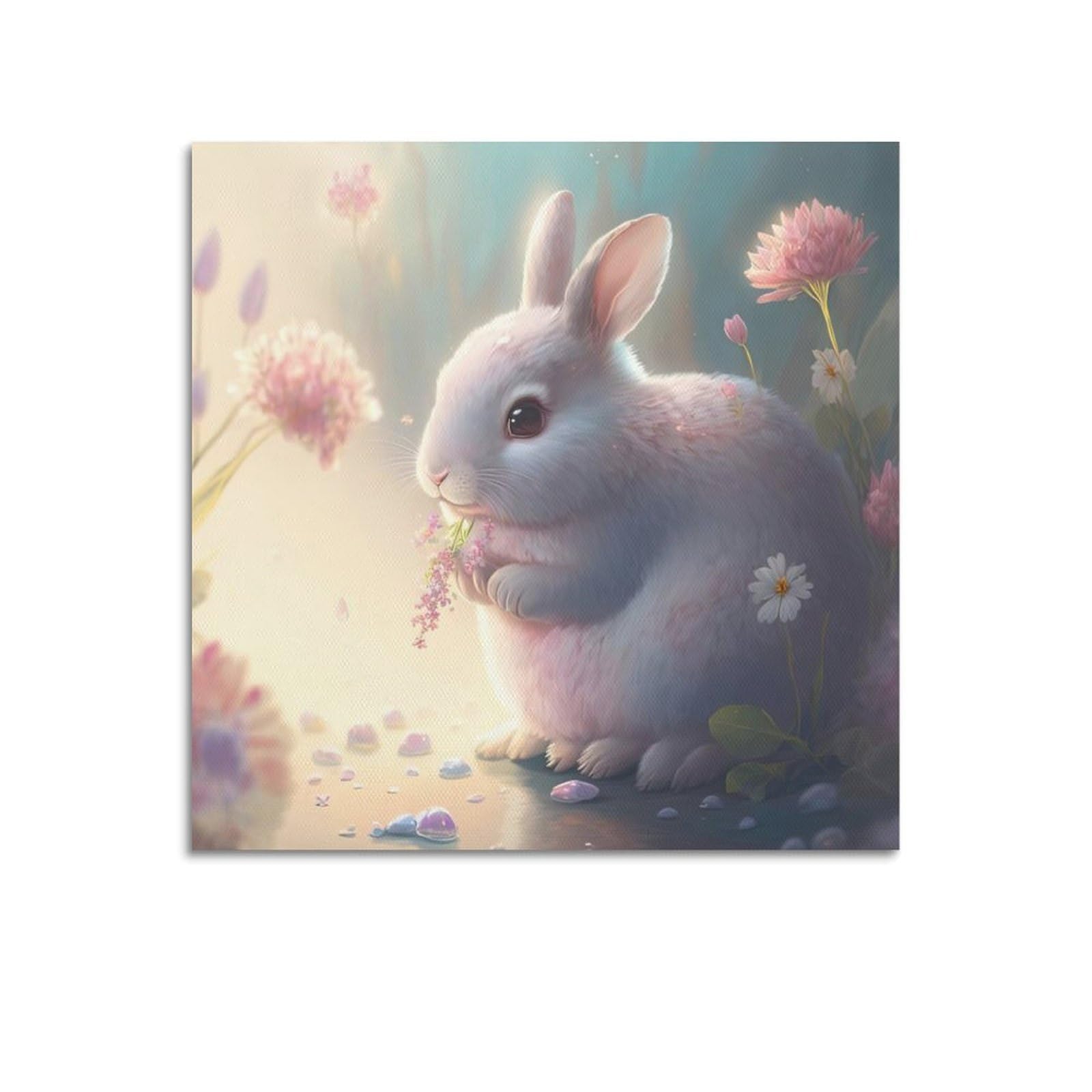 WZKTCL Animal Poster Bunny And Flowers Poster Decorative Painting Canvas Wall Posters And Art Picture Print Modern Family Bedroom Decor Posters 20x20inch(50x50cm)