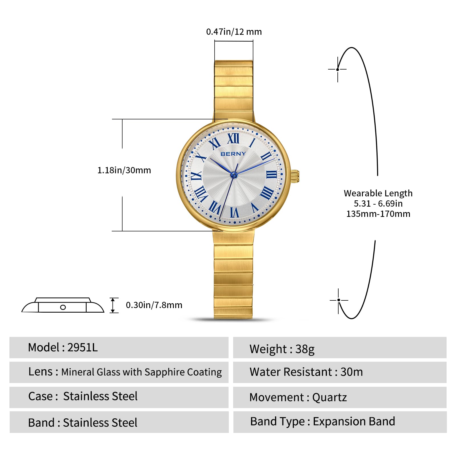 BERNY Relojes de Oro para Mujer Reloj de Pulsera Vintage Damas Relojes Analógicos de Cuarzo con Banda Extensible de Acero Inoxidable 3ATM Resistente al Agua Índices Romanos