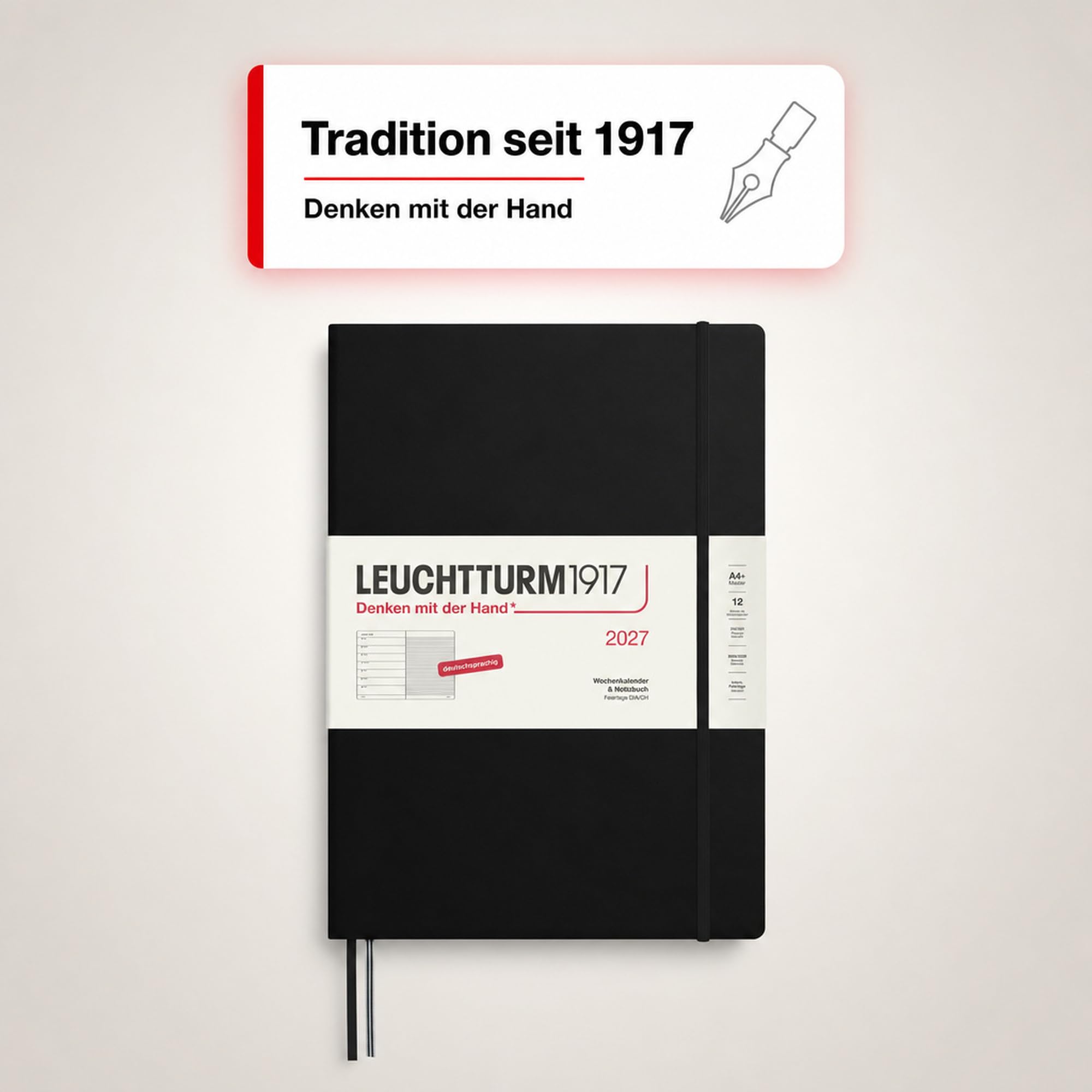 LEUCHTTURM1917 Agenda 2027 A4+ (Master) con cuaderno - Planificador alemán, negro, enero-diciembre 2027, vista semanal a la izquierda + página de notas a la derecha