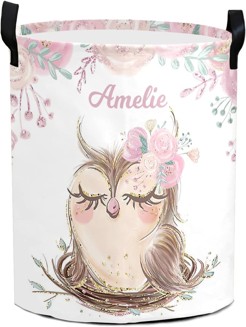 Pink Flower Girl Owl Storage Bin, Waterproof Oxford Fabric Clothes Basket Organizer for Laundry Hamper,Toy Bins,Gift Baskets, Bedroom, Clothes,Baby Nursery