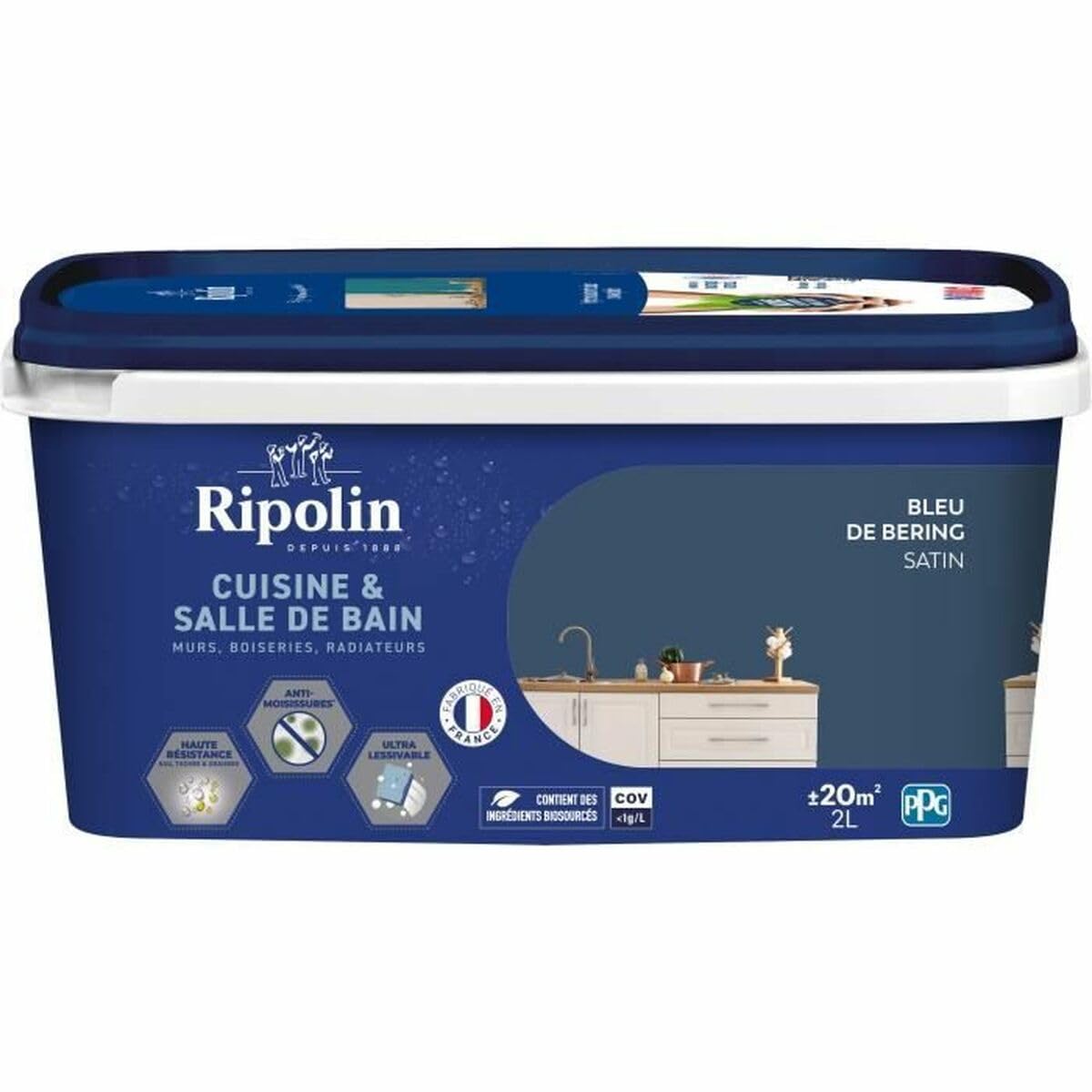 RIPOLIN - Peinture Intérieure Cuisine et Bain – Murs, Boiseries et Radiateurs - Adapté Pièces Humides - Effet Perlant - Lessivable - Haute Résistance - Bleu De Bering - Satin - 2L