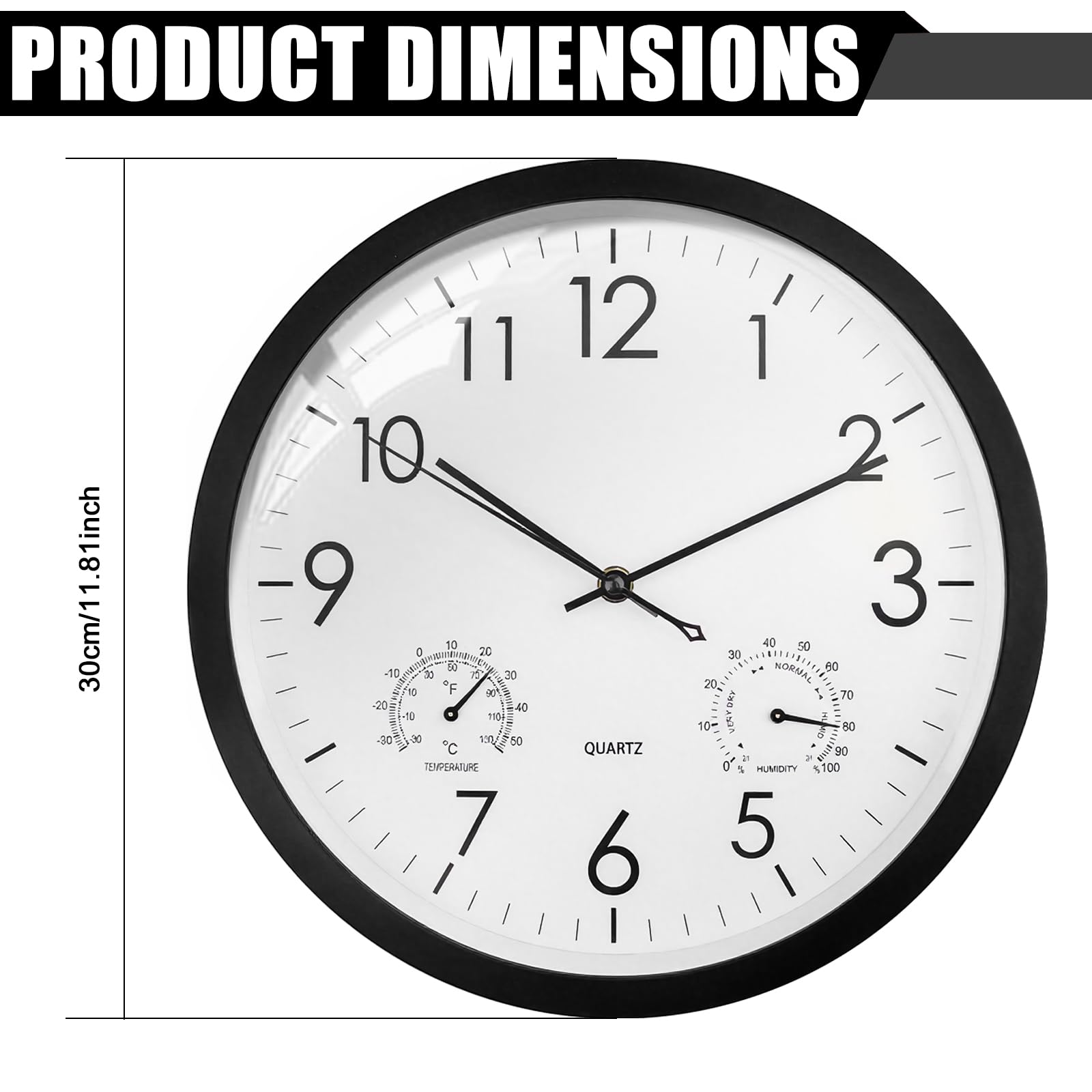 wasserdichte Wanduhr mit Thermometer Hygrometer Geräuschlose Outdoor Wanduhr, Große Analoge Gartenuhr aus Kunststoff 30cm für Badezimmer Garten Küche
