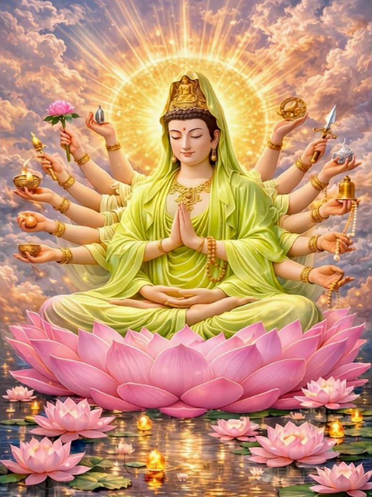 Brennora Cross Stitch Kits for Adults Statue of Thousand-Armed Guanyin 11CT Pre-Printed Stamped Embroidery Kit DIY Handmade Home Wall Décor 40x50 cm