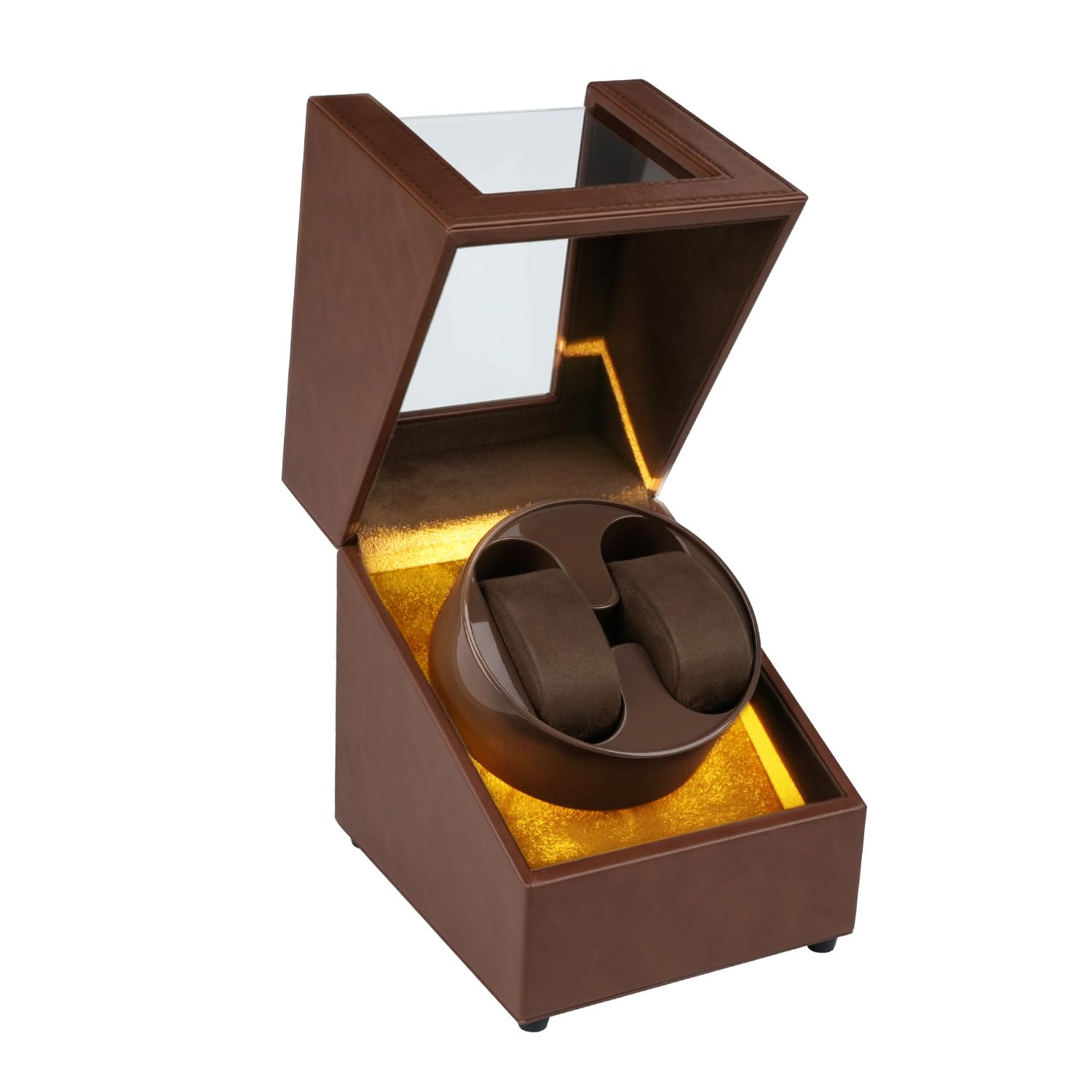 Mcbazel Dual Watch Winder, Cajas Giratorias para Relojes con Luz LED, Estuche para Relojes de Doble Posición, Modos de Rotación Bidireccional, Relojero Automático Almacenamiento – Marrón