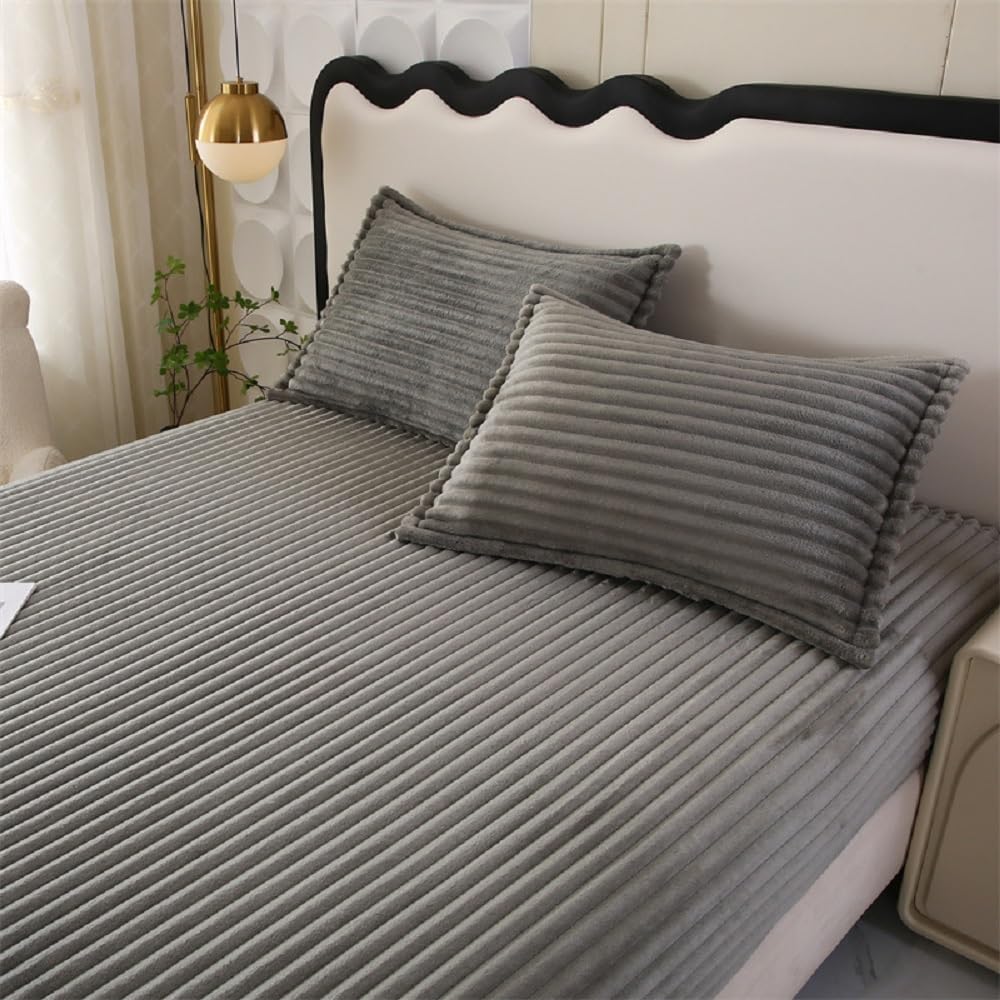 Lujosa sábana bajera de franela gris de 180 x 200 cm, ropa de cama de felpa suave para invierno, funda de colchón cálida y acogedora solución para dormir, se adapta a colchones de hasta 25 cm de