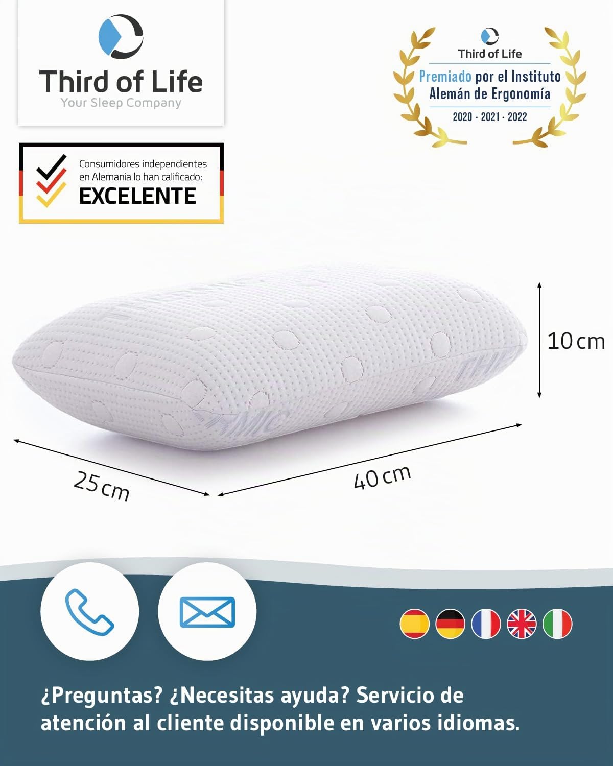 Third of Life Almohada Pequeña Viscoelástica Volar | Cojín Ergonómico | Funda con Termorregulación | Almohada de Viaje para Tren, Avión y Coche o para una Siesta en el Sofá de Casa | 40x25x10cm