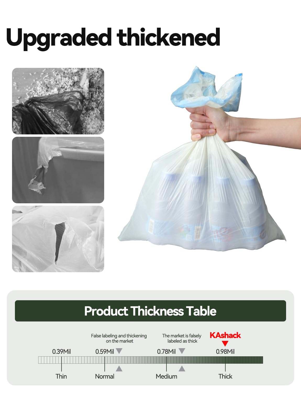 Bolsas de basura pequeñas de 4 galones, 250 unidades, bolsas de basura con cordón, bolsas de basura de plástico grueso ultra fuerte para oficina, dormitorio, sin perfume, 4 galones (blanco,