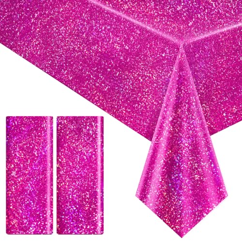 2 Pack Fuchsia Holographic Tablecloths, 40 x 108 Inch Party Decorations