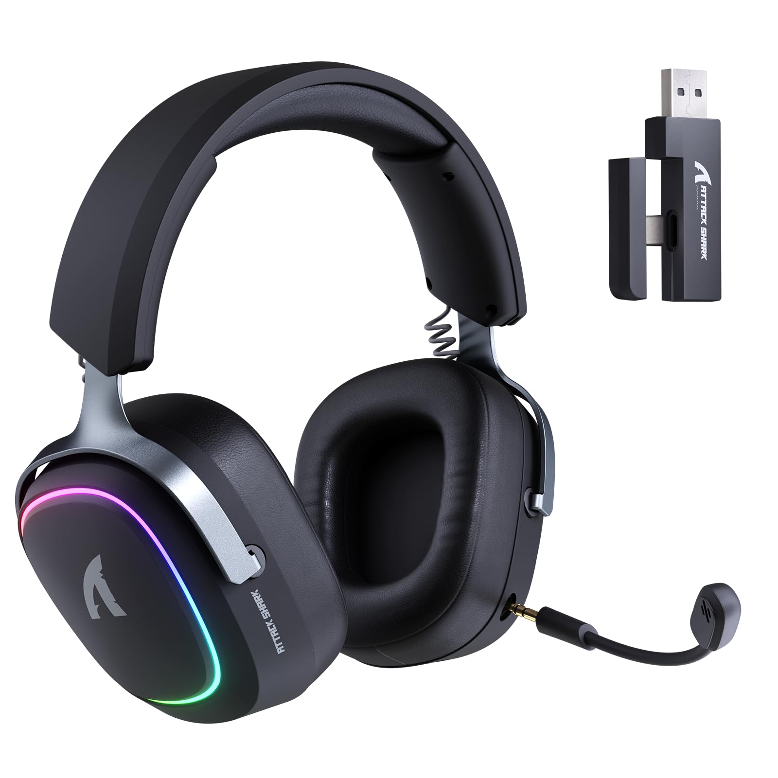 ATTACK SHARK G800 Wireless Gaming Headset with Aluminum alloy frame, 7.1 Surround Sound, Bendable ENC Mic, Tri-Mode(2.4G Wireless/Bluetooth/Wired), 1000mAh, 50mm Driver, RGB, for PC/Mac/PS/XBOX, Black