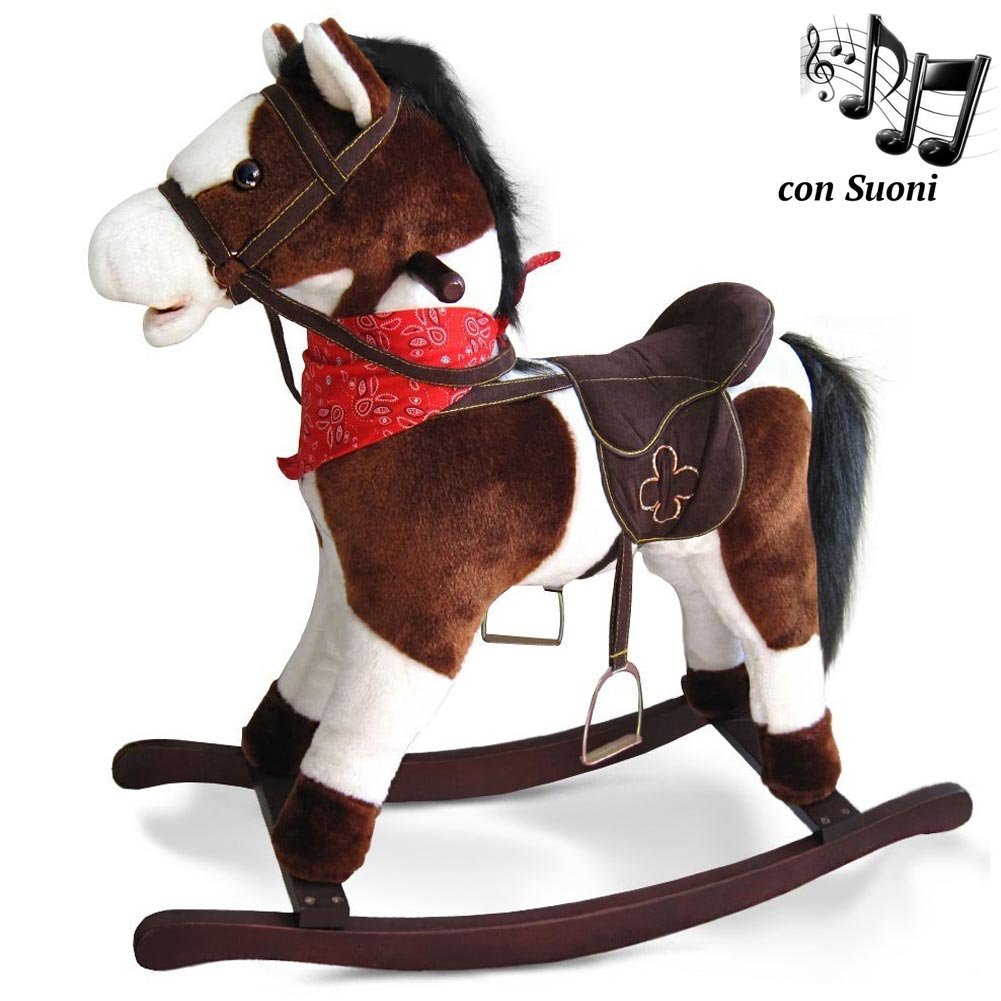 BAKAJI Cavallo a Dondolo per Bambini con Suoni Realistici, Animale che Nitrisce e Muover la Bocca, Pony Marrone e Bianco con Struttura in Legno e Rivestimento in Morbido Tessuto, Gioco Idea Regalo