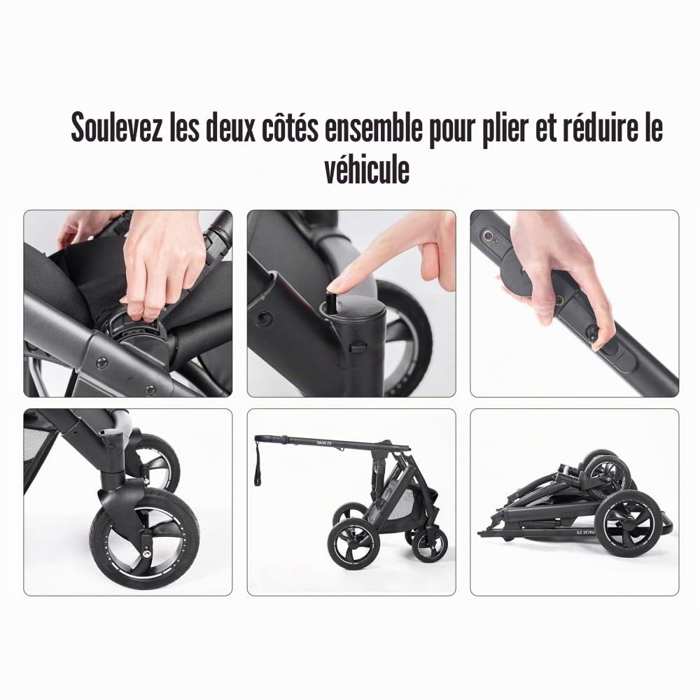 Poussette 4 en 1 avec poignée réglable et châssis aluminium,Noir | Rembourrage épais intégral, hauteur de la poignée modulable selon votre taille