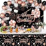 Rose Gold Happy Birthday Extra Large Fabric Sign Poster Banner Backdrop with 2pcs Waterproof tablecloths and 50pcs Metallic Shiny Latex Balloons for Birthday Party Background Decoration Supplies