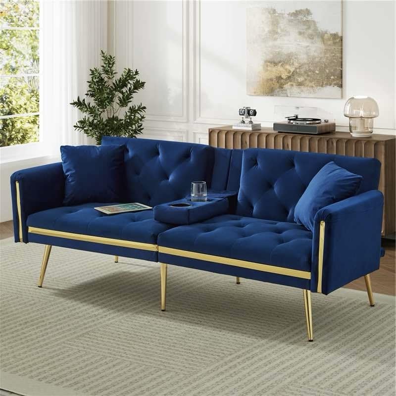 BTM 3 Seater Sofa Bed with Adjustable Backrest, Gold Accents and Built-in Cup Holders, 3 Seater Sofa/Folding Bed for for Living Room and Bedroom, Blue — image 1
