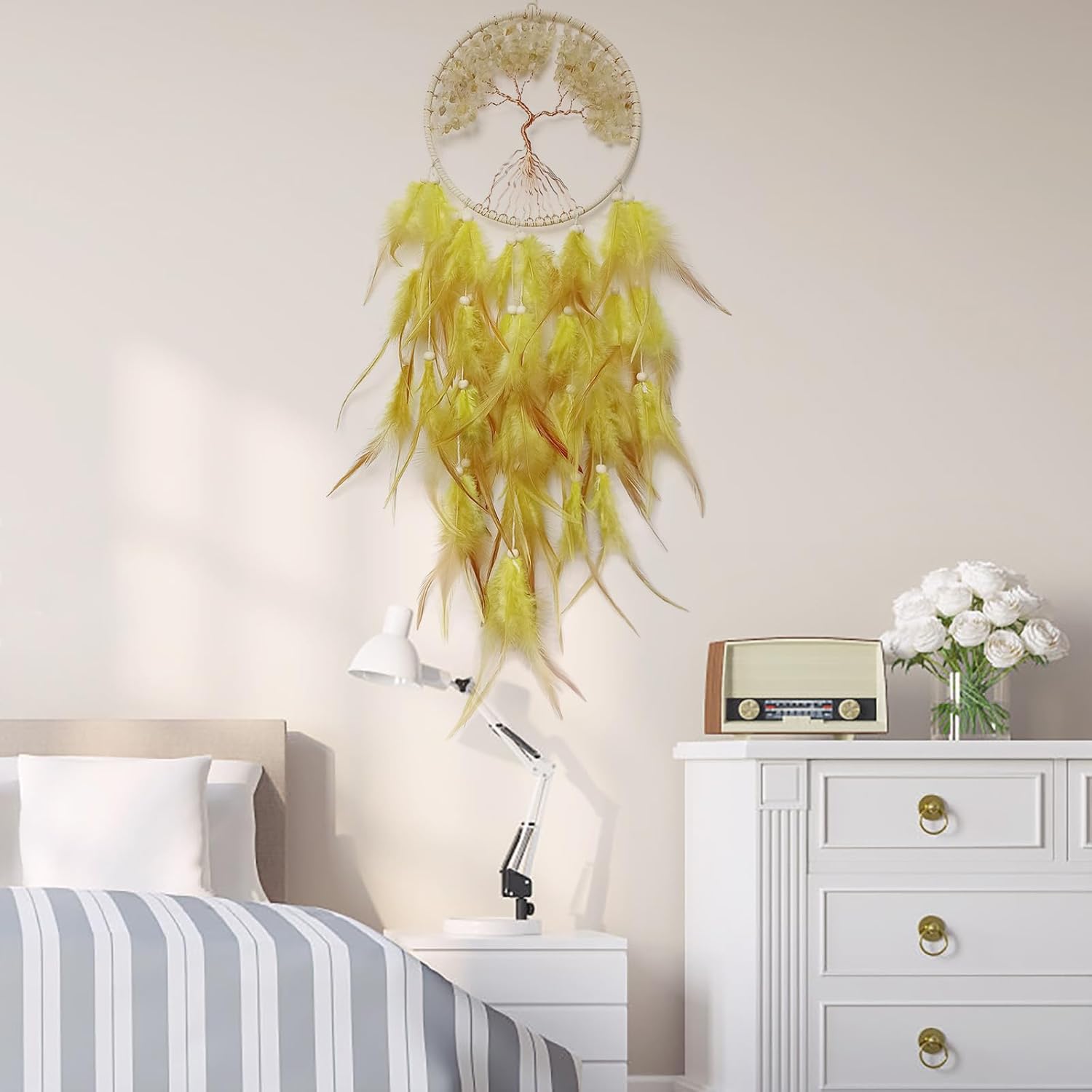 Yellow Dream Catcher with Tree of Life | Handmade, Wall Decor, Wall Hanging Ornament, Bedroom Living Room Home Decor