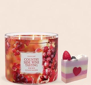 Goose &Creek Country Side Wine Tasting 3-Wick Soy Wax Candle, 14.5 oz, Merlot and Cherry Plum Scent + as a Gift You Will Receive This Beautiful Artisanal Shortcake soap (Crafted May Vary)