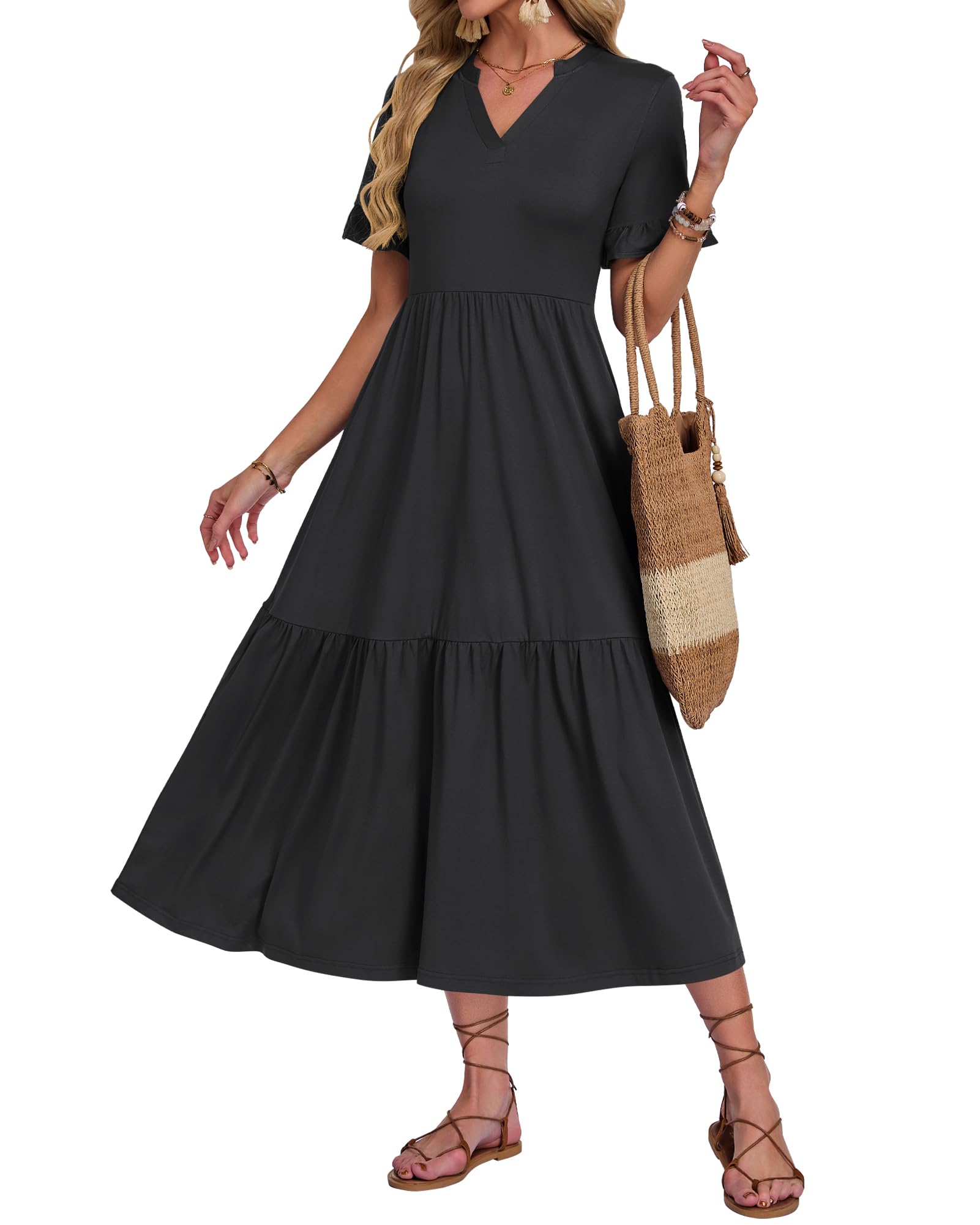 AUSELILY Sommerkleid Damen Lang V Ausschnitt Maxikleider Damen Sommer Rüschen Kurzarm Strandkleid mit Taschen Elastischer Taille