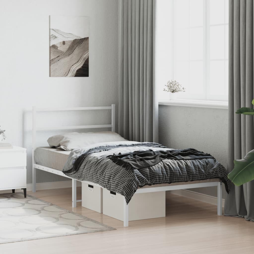 vidaXL Estructura de Cama con Cabecero, Somier de Cama, Armazón Marco de Cama, Cama de Invitados para Dormitorio, Metal Blanco 100x190 cm
