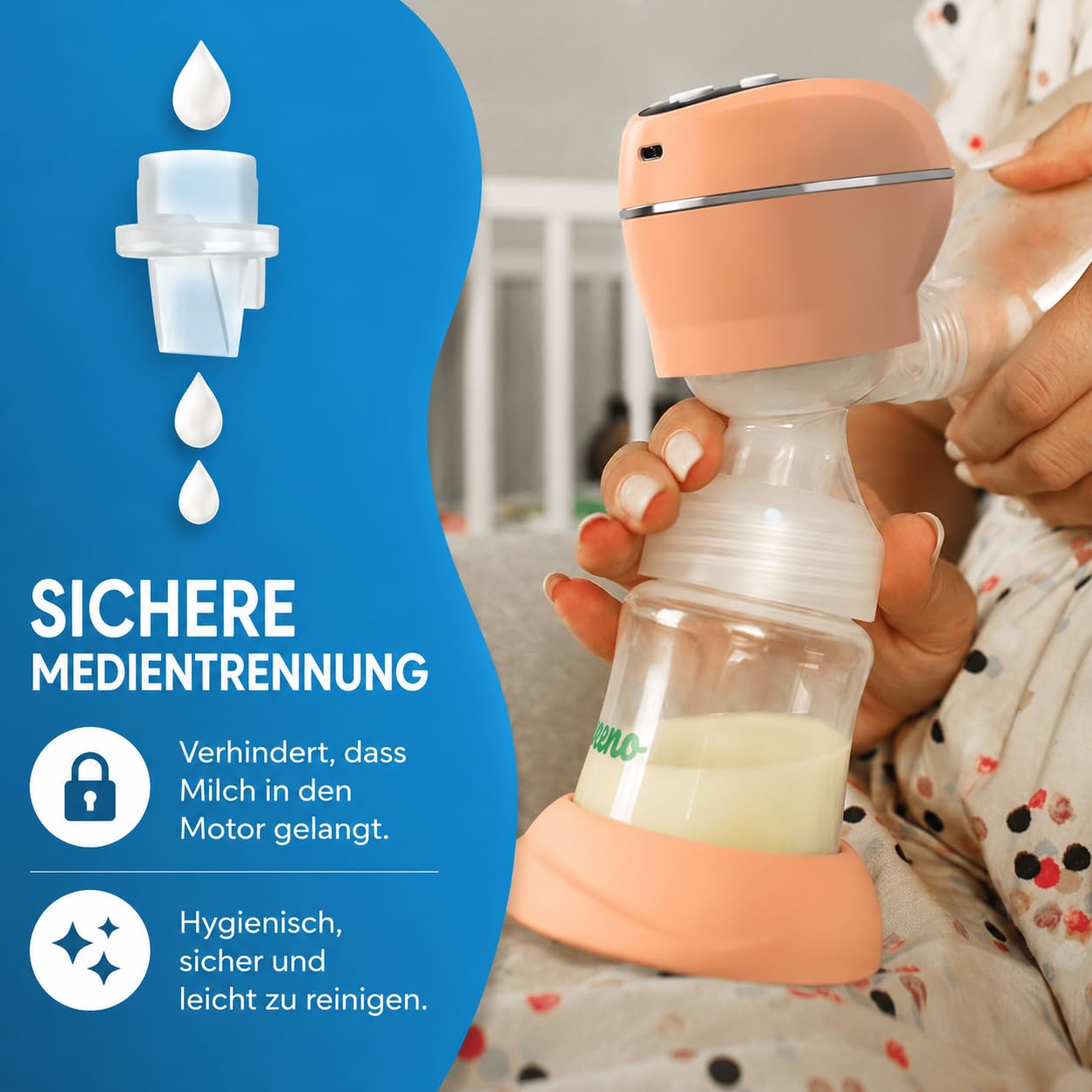 NENO Primo Milchpumpe Elektrisch Tragbare – Milch Pumpe Kabellos – Muttermilch Abpumpen mit Elektrischer Brustpumpe – mit 2 Milchbeuteln & Sauger – 5 Modi & 9 Stufen – BPA-frei – LED-Anzeige