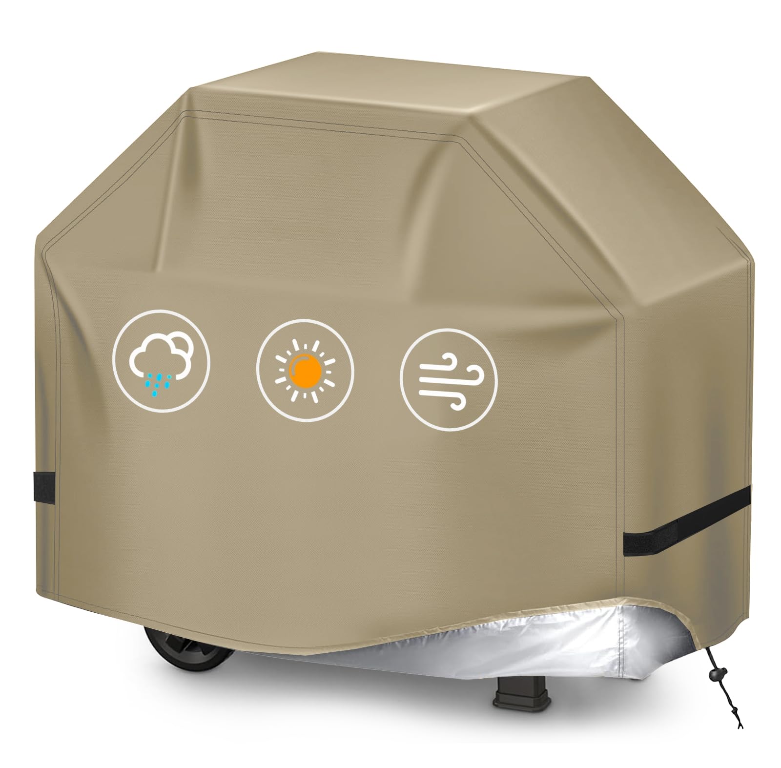 TIAOFY BBQ Gas Grill Cover for Outdoor, Anti-UV, Rip-Proof, 600D Oxford Fade Resistant Material, Barbecue Cover with Hook and Loop Straps & Adjustable Hem Drawstring (Beige, 60”x24”x44”)