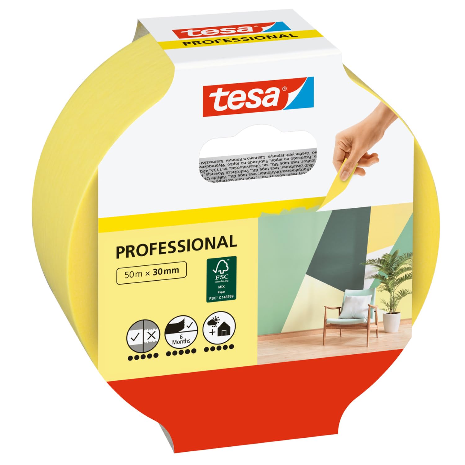 tesa Malerband Professional - Malerkrepp aus dünnem Washi-Papier zum besonders präzisen Abkleben bei Malerarbeiten - für innen und außen - 50 m x 30mm