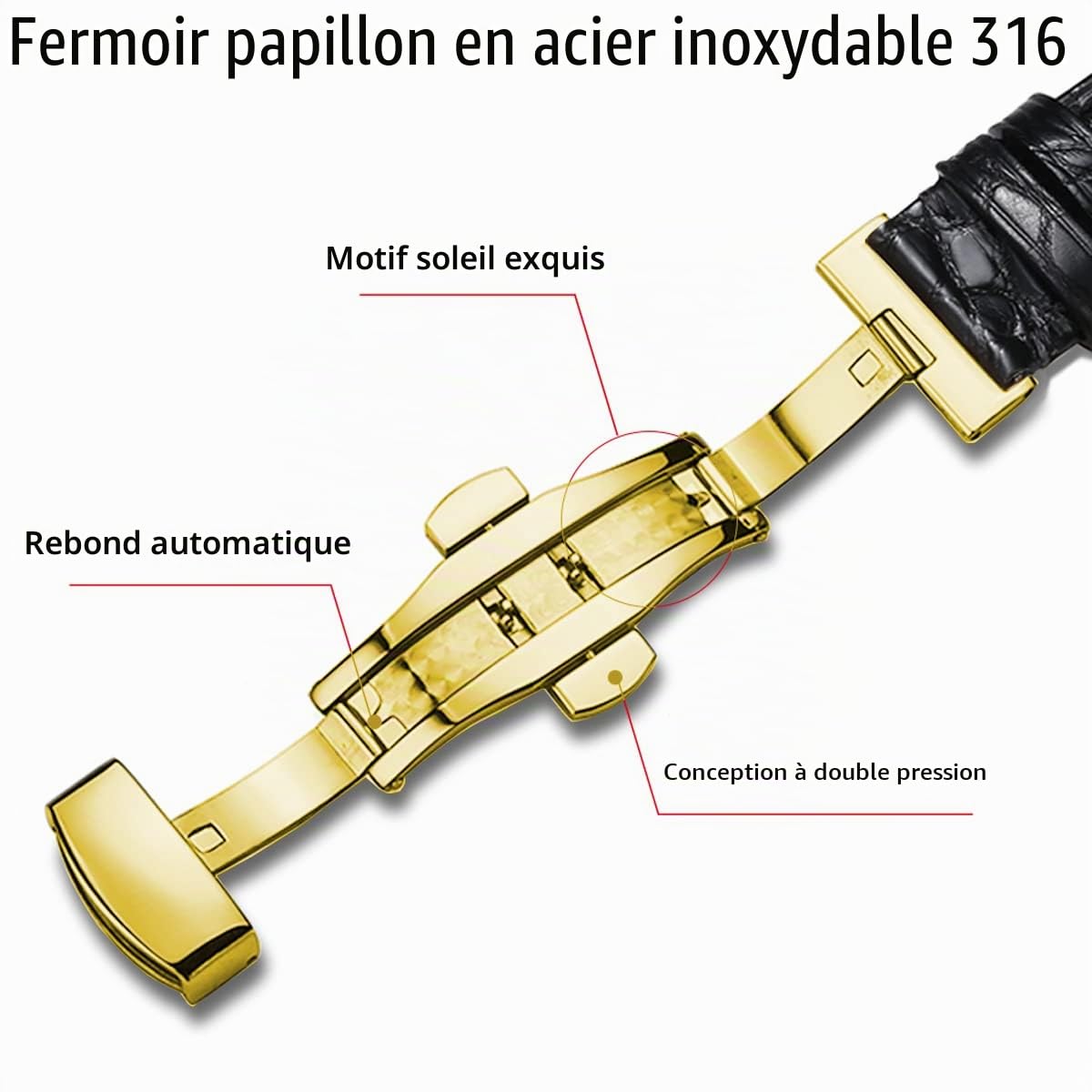 MUEN Bracelet Cuir de Crocodile Véritable avec Boucle Déployante, 12mm-24mm, Accessoires de Montre de Remplacement en Alligator Noir/Marron Bracelet de Montre