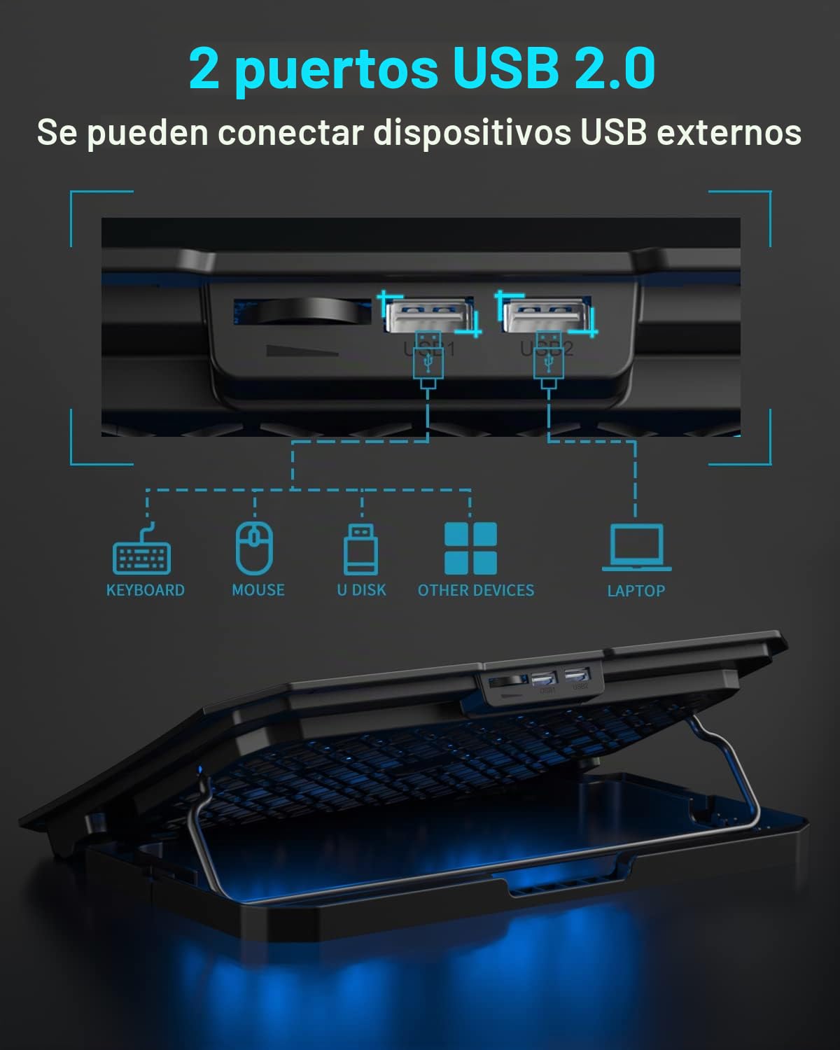 KeiBn Almohadilla de refrigeración para laptop, enfriador de laptop para juegos con 2 ventiladores para portátiles de 10 a 15.6 pulgadas, 5 soportes de altura, 2 puertos USB (S039)