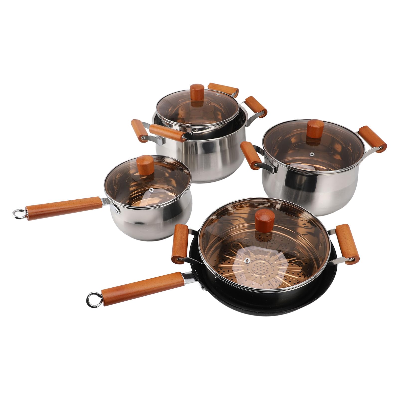Edelstahl-Kochgeschirr-Set mit Zwei Holzgriffen, 201 Edelstahl-Küchen-Kochset mit Glasdeckeln, 5 Töpfen und Dampfschale Zum Dämpfen Kochender Suppe
