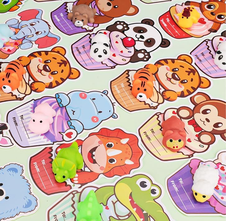 Budbof 28 Pack Valentines Day Gifts for Kids, Mochi Squishies Party Favors Set with Animal Valentines Greeting Cards for Classroom Prizes School Exchange Gifts