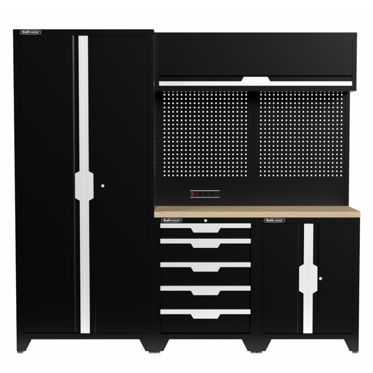 Werkstatteinrichtung - Männerküche mit 5 Schubladen und 3 Schränken - Werkzeugschrank, Garage - modulares Werkbank mit Holzarbeitsplatte (Multiplex) und Werkzeugwand - Schwarz