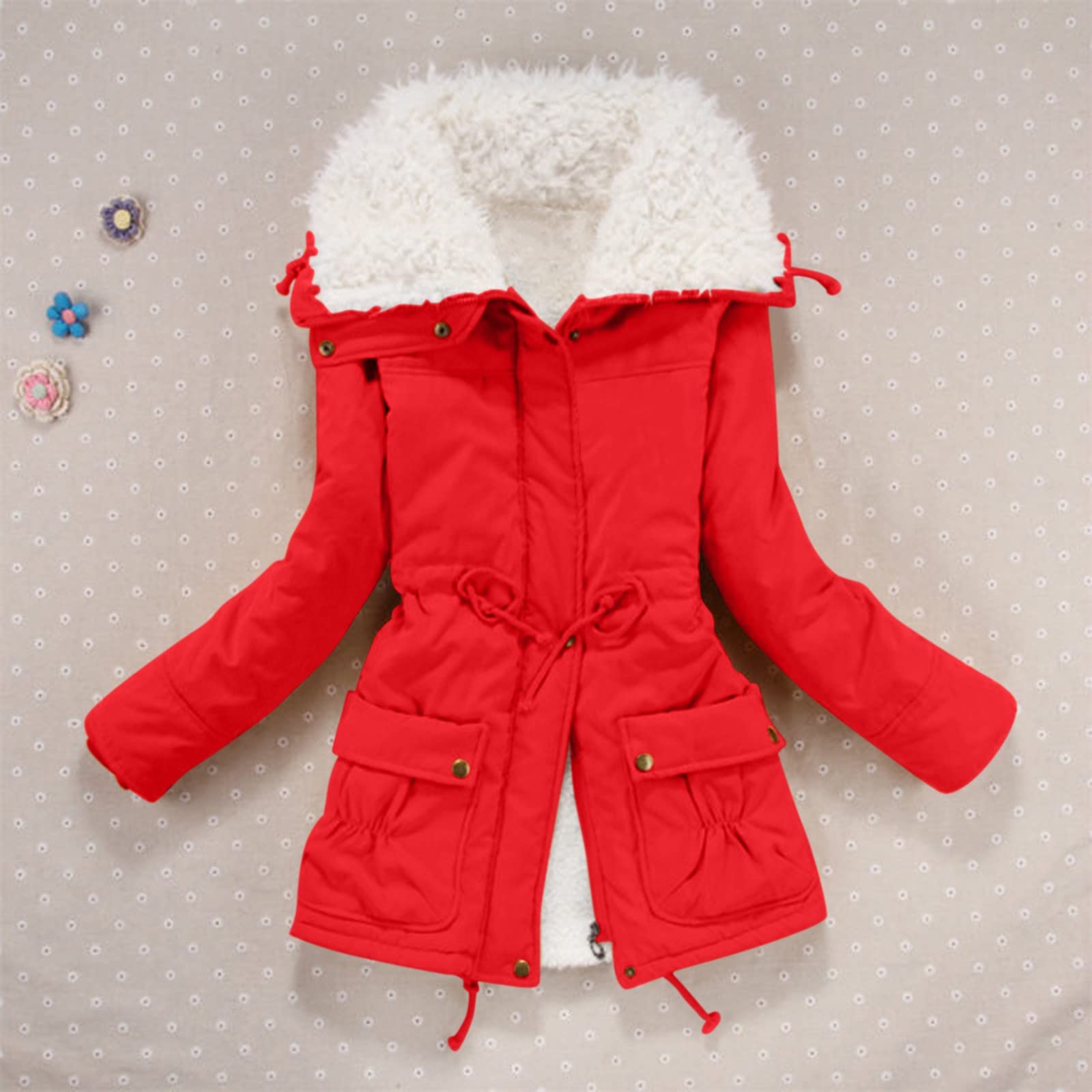 Chaqueta de invierno para mujer – Parka de invierno larga de pelo de peluche cálido forrado, cuello alto, sin capucha, chaqueta acolchada, abrigo con bolsillo, cintura con cordón, S - 3XL