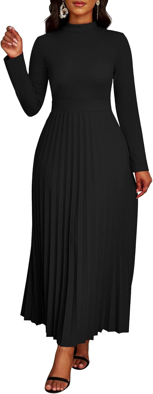 Nmoder Maxi Long Dress for Women, Casual Pleated Empire Waist Dresses Crewneck Long Sleeve