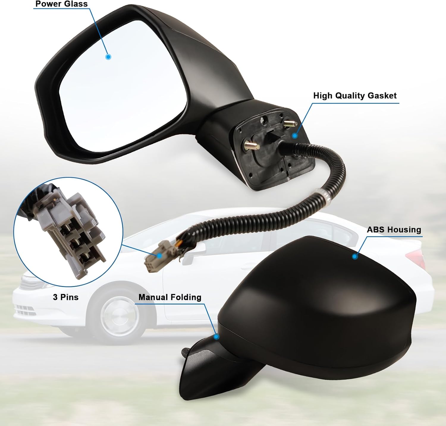 Left Driver side Mirror Fits 2012-2015 Honda Civic with Power Glass 丨Non-heated Without Turn Signal Light Replaces 76252TR0A01 (3 Pins)