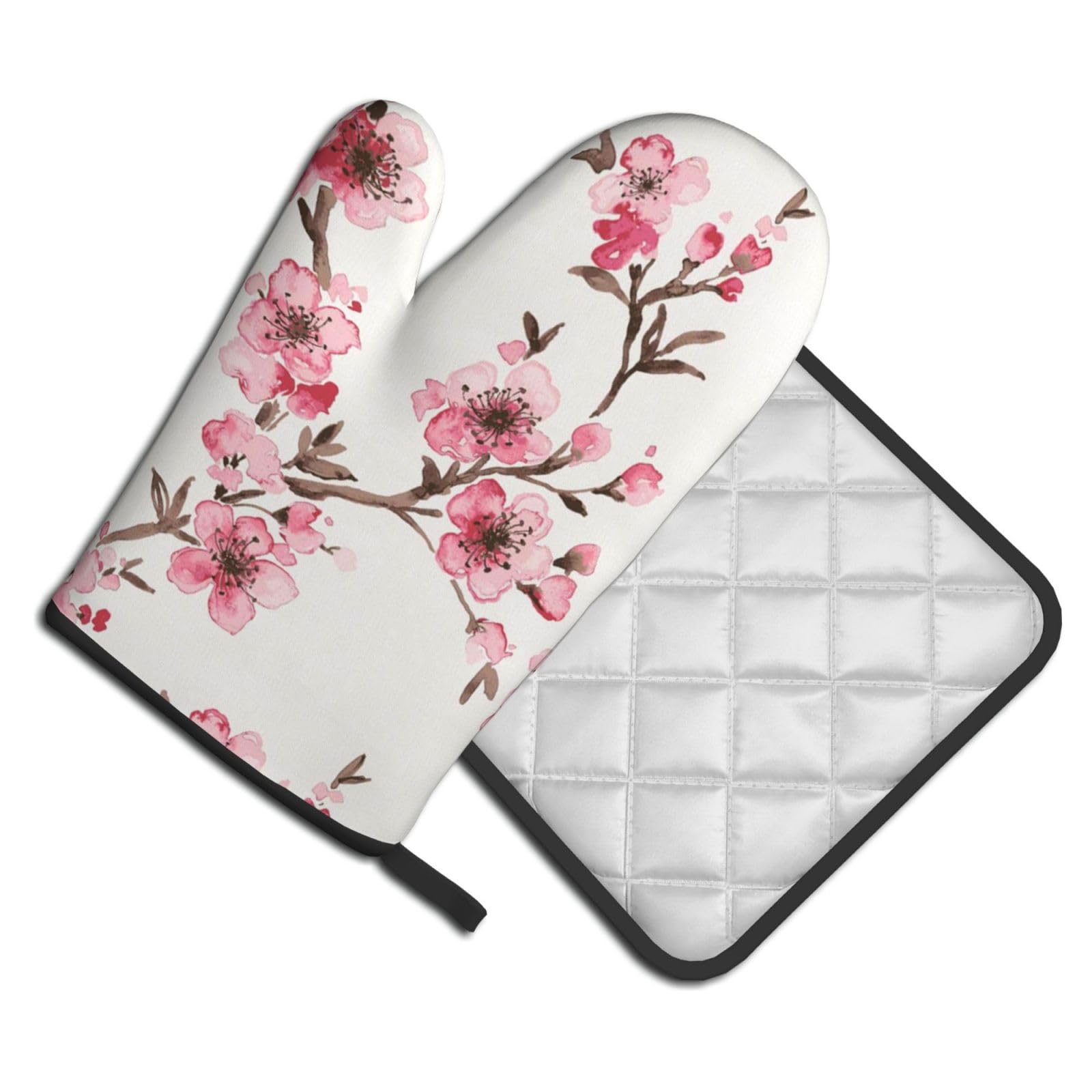 Oven Mitts and Pot Holders Set of 2 Pcs, Cherry Blossom Printed Heat Resistant Kitchen Gloves Potholders for Cooking Baking Grilling