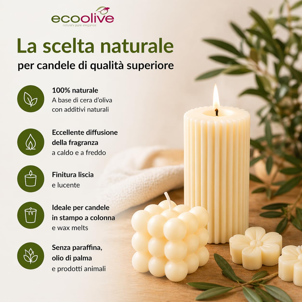 Generico Cera d’Oliva per Candele Eco Olive Pillar Blend – 100% Vegetale – Ideale per Candele in Stampo e Wax Melts – Alta Diffusione Fragranza – Vegan, Senza Paraffina – 1KG
