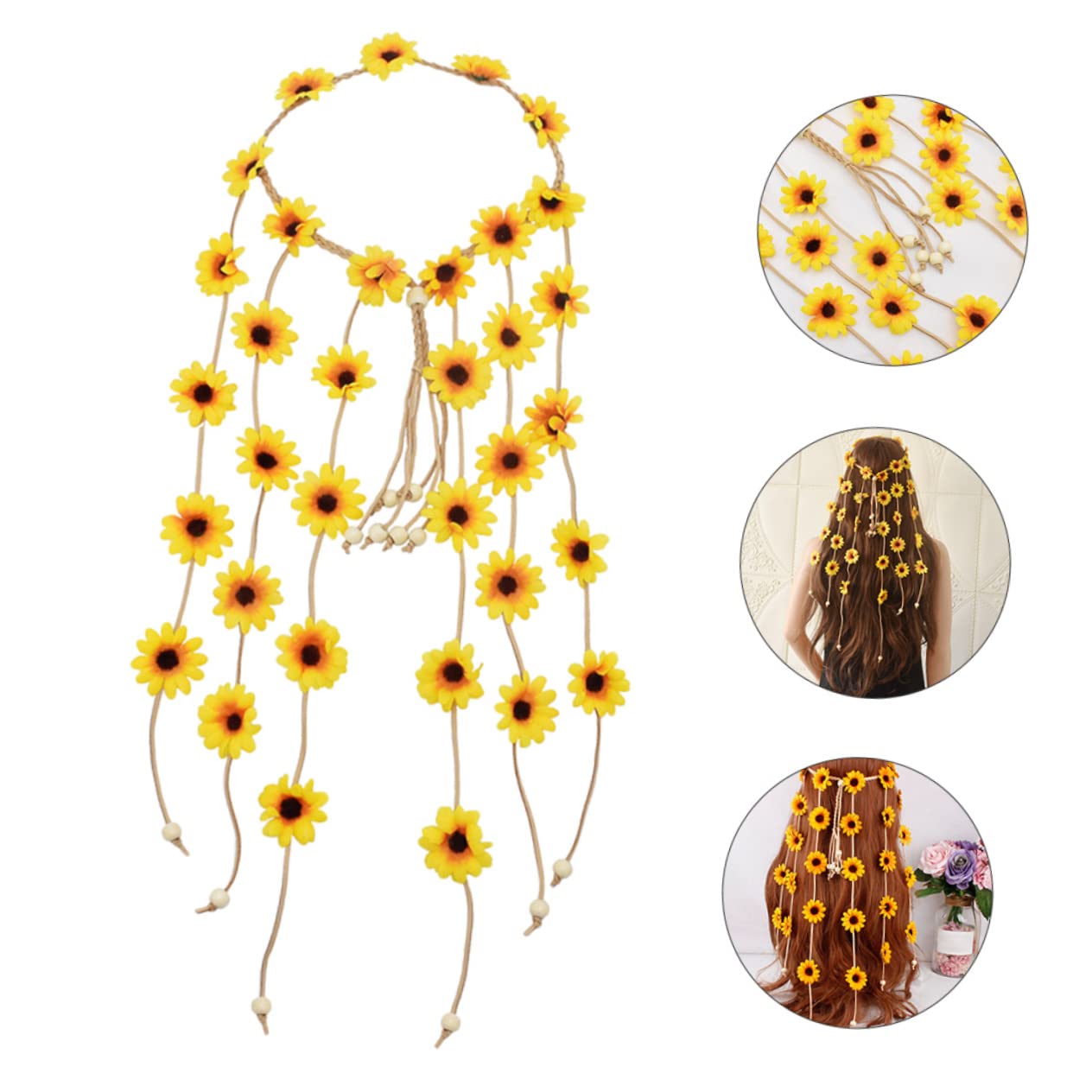 Bandeau Floral Tournesol Réglable en Tissu, Jaune, Tête Femme