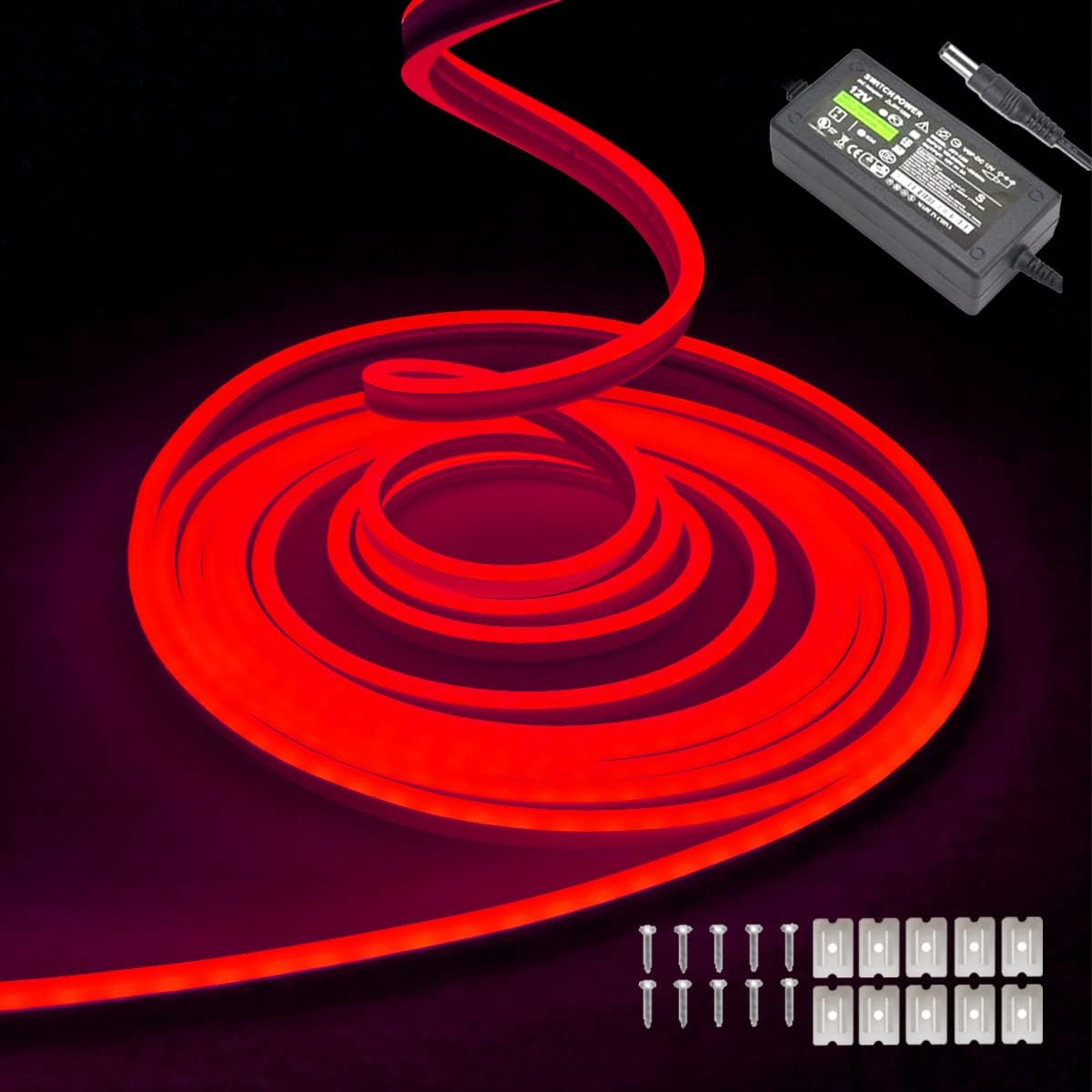 Red neon LED strip lights – 16.4ft/5m 12V DC flexible rope light with 600 high-density SMD2835 LEDs, featuring IP65 waterproof rating for indoor and outdoor decoration (includes power adapter). — image 1
