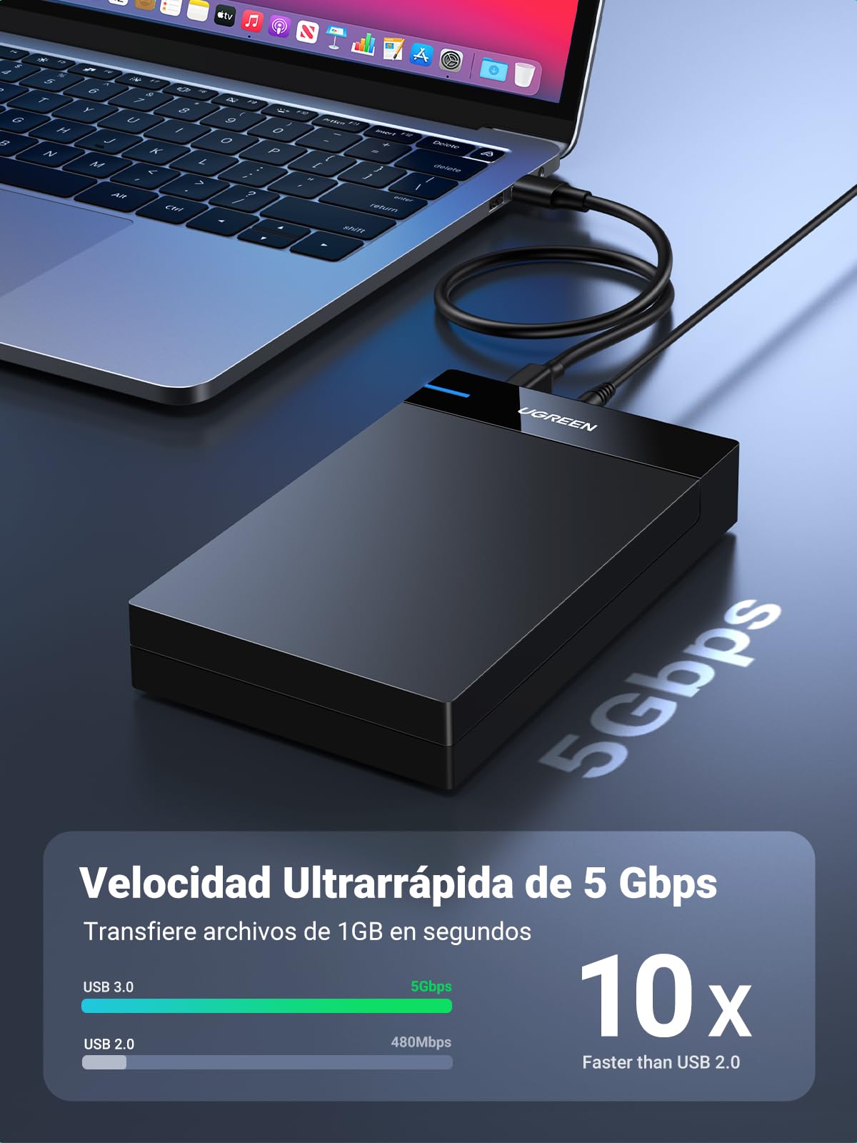 UGREEN Carcasa Disco Duro SATA SSD 3.5" 20TB, Caja SSD USB 3.0 con UASP Comaptible con PC, Xbox X/S, PS4, con Cable y Adaptador de Corriente 12V 2A