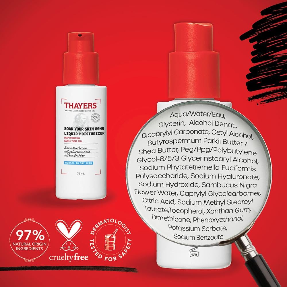 THAYERS Soak It Up 80HR Sıvı Nemlendirici, Hyaluronik Asit ve Kar Mantarlı Yüz Nemlendirici, Dermatolog Normal ve Kuru Ciltler için Test Edilmiş Cilt Bakımı, 2.5 oz