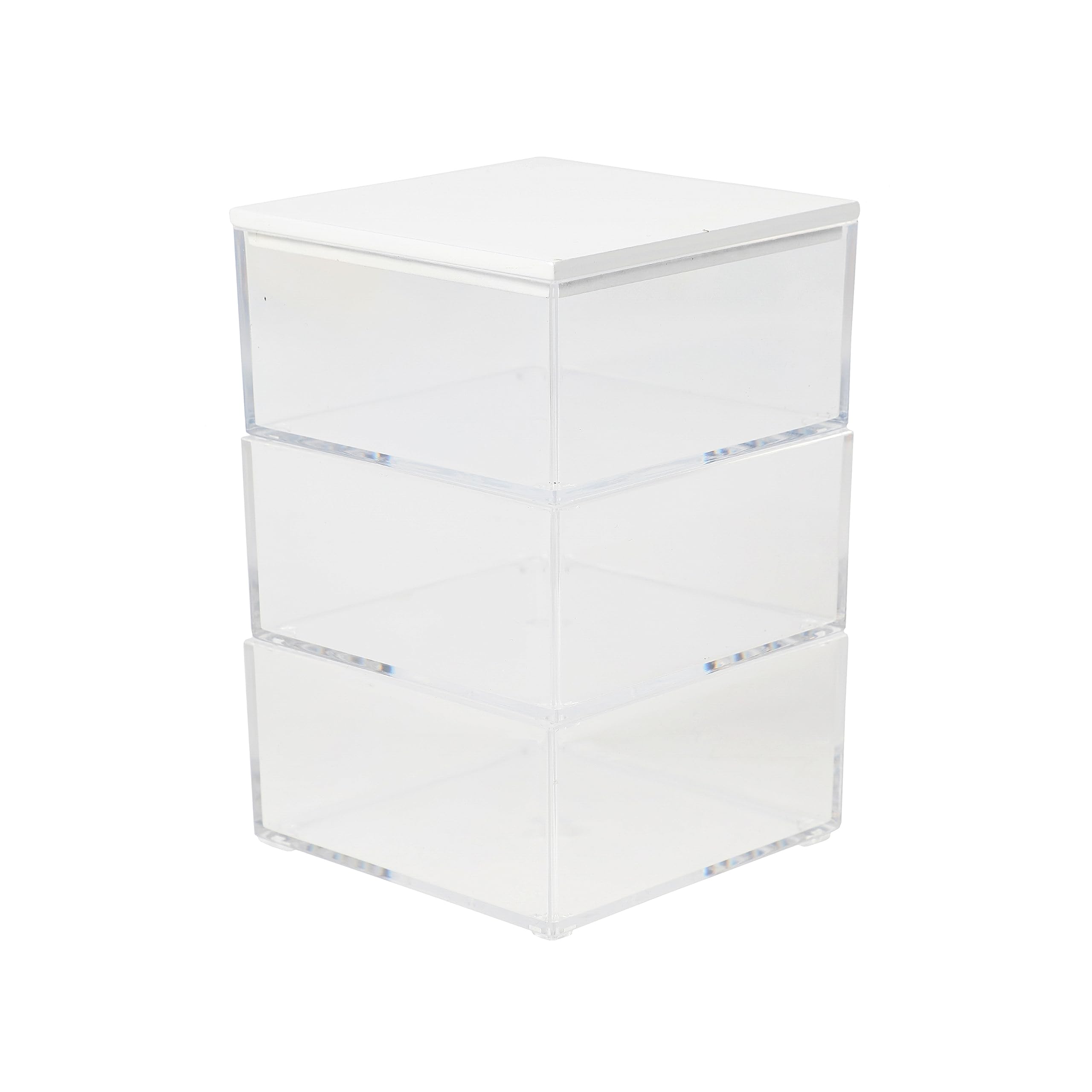 Martha Stewart Brody Plastic Storage Organizer Bins with Engineered Wood Lid for Home Office, Kitchen, or Bathroom, 3 Pack Small, 3.75" x 3", Clear/